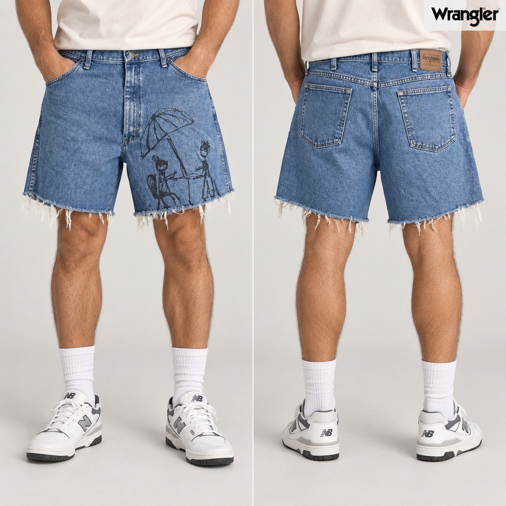 Wrangler Hero Denim Shorts Mens 40 Blue Custom Graphic Frayed Cut-off 606T3SD